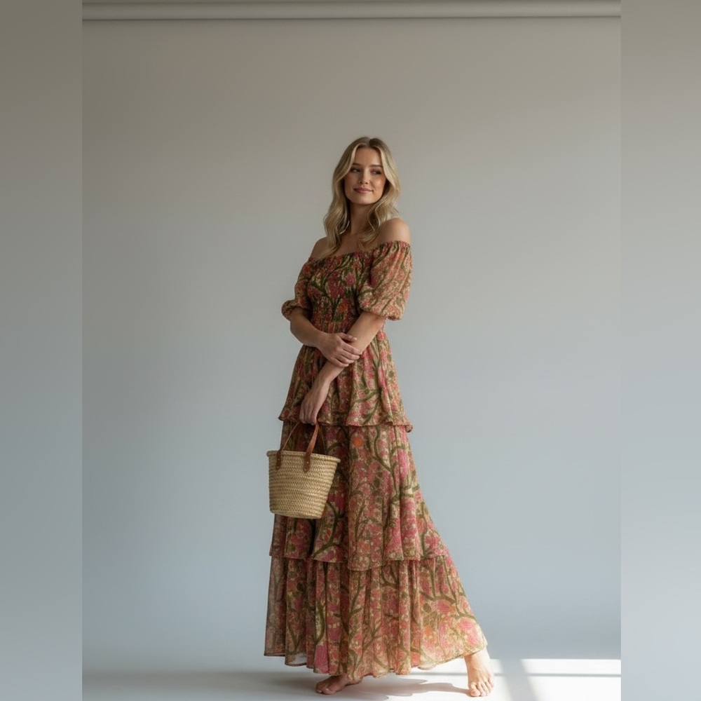 entro Pink and Green Floral Off-Shoulder Tiered Maxi Dress Puff sleeve